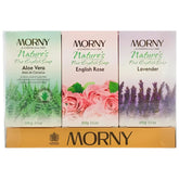 Morny Nature's Fine 3 Mixed English Soaps includes Lavender, English Rose, and Aloe Vera varieties, each 100g, beautifully packaged.